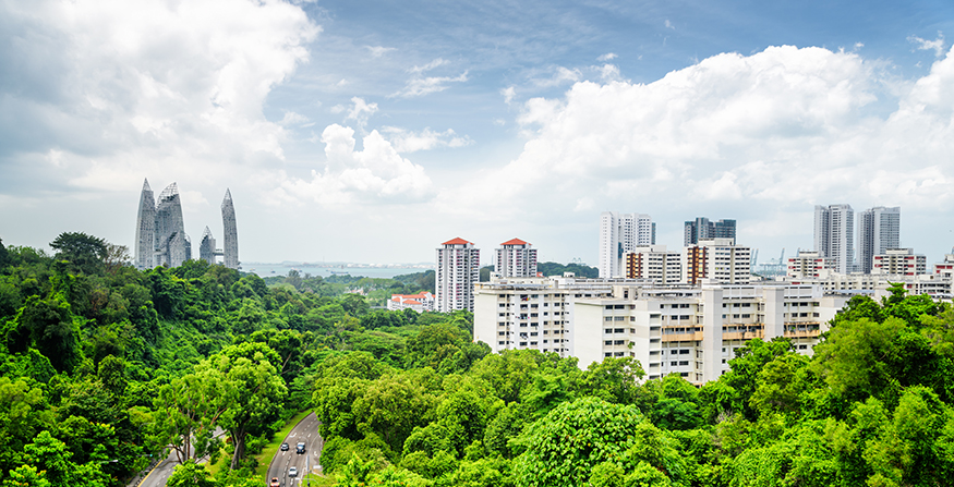 Beautiful cityscape in Singapore. Modern buildings among trees