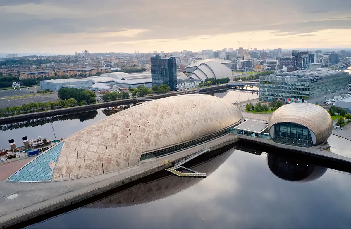 Glasgow, Scotland UK - August 24th 2019: Aerial view of Glasgow science centre, SECC and Hydro Area 
