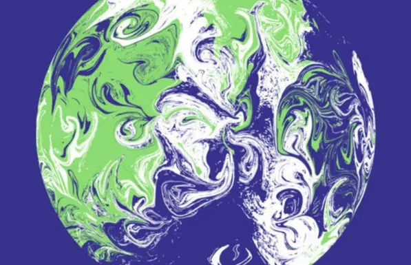 COP 26 graphic: dark indigo background with Earth Globe with wavy graphics in green and white