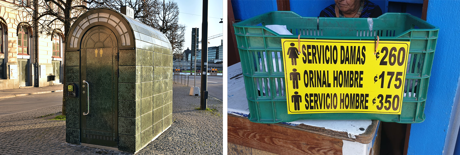 2 Images showing chargeable toilets: Stockholm, Sweden requiring payment by credit card and San Jose, Costa Rica, charging different fees for women and men