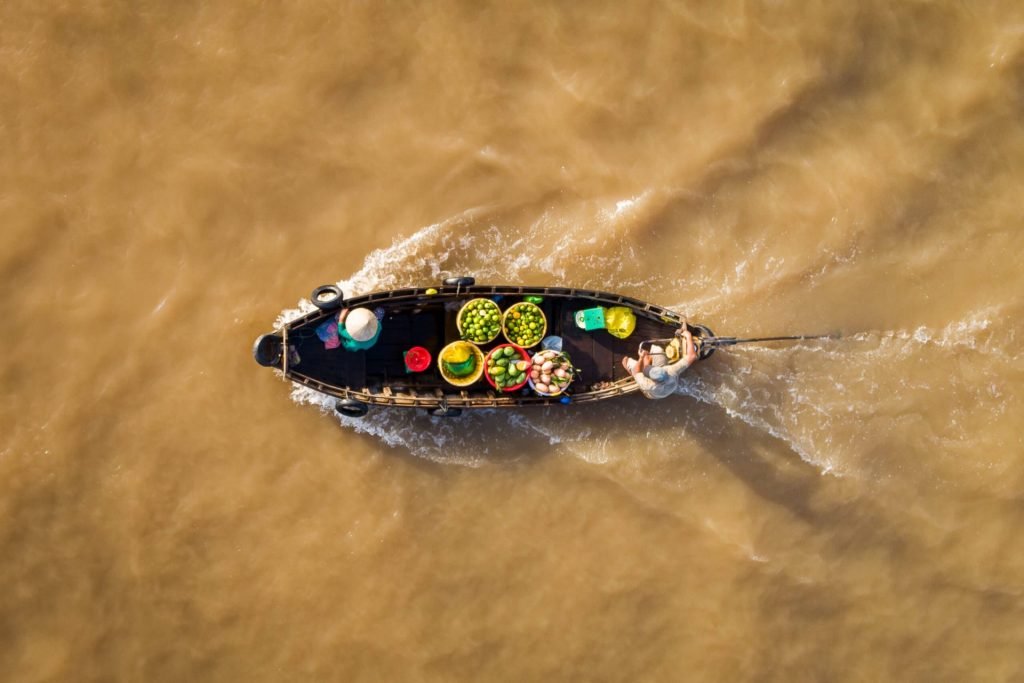 Cai Rang floating market, Can Tho, Vietnam, aerial view. Cai Rang is famous market in Mekong delta, Vietnam.