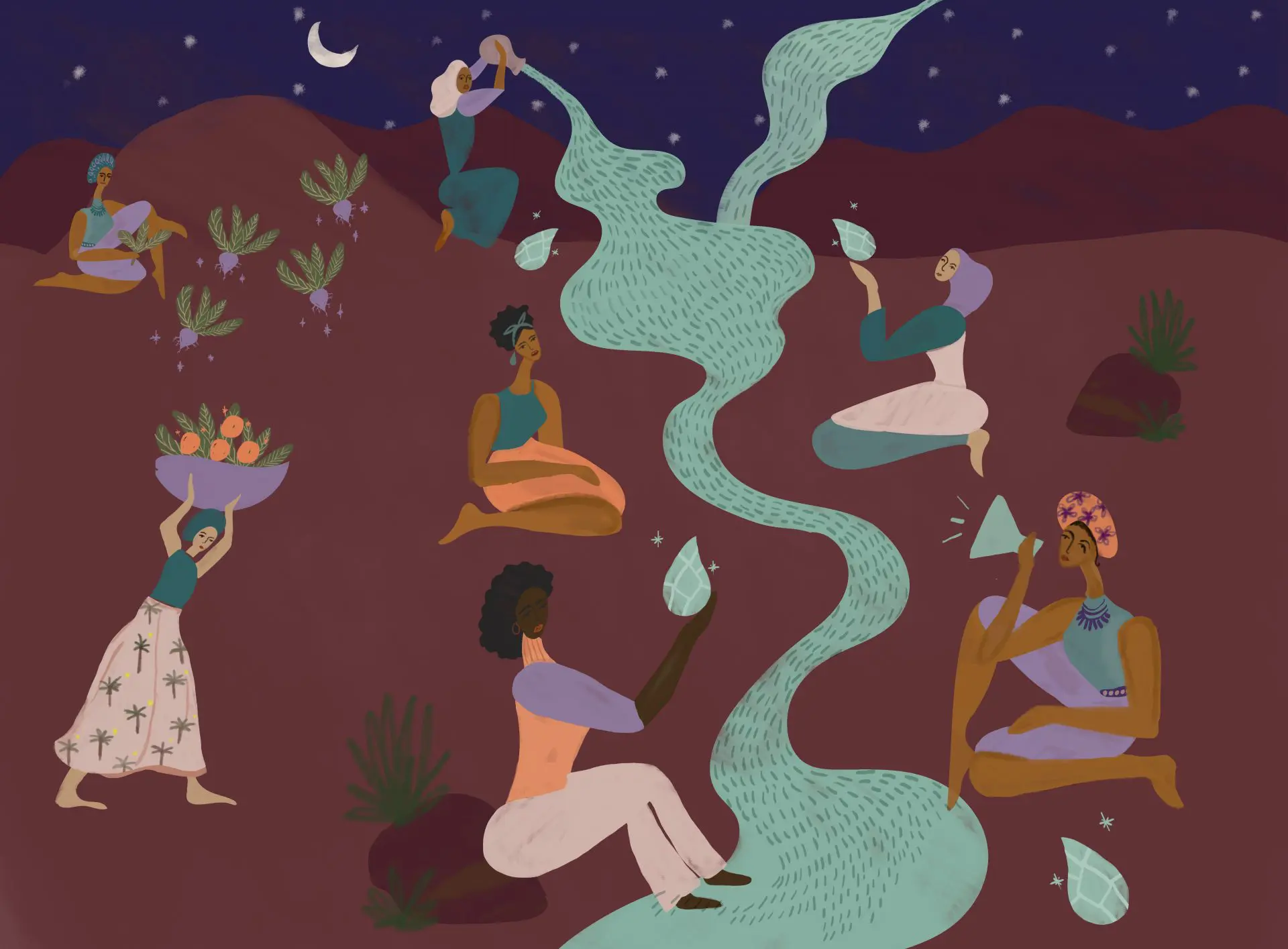 Illustration of several women seated across a river pouring from a cup held by a woman. On a starry 