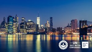 skyline of New York city reflecting on water