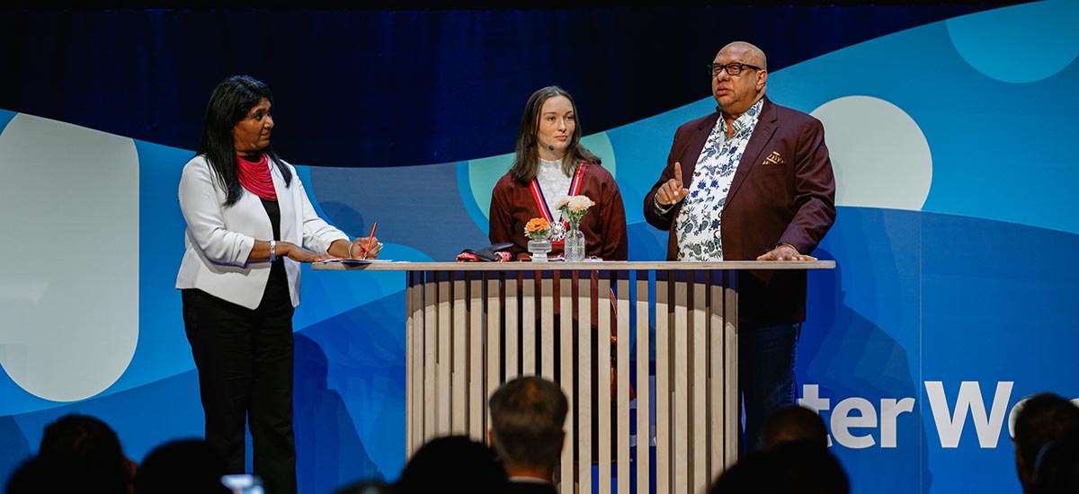 Aana Edmondson and Professor Leslie (Phil) Duncan, on Centre Stage at World Water Week 2024, interviewed by moderator, Arati Davis